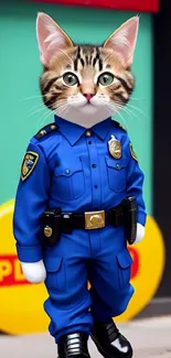 Cute tabby cat in a blue police uniform with a colorful backdrop.