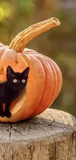 Black cat inside a carved pumpkin on a rustic stump.
