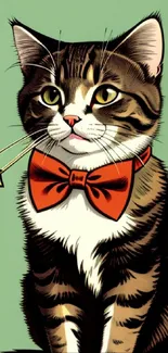 Cartoon tabby cat with red bowtie on green background.