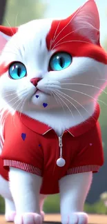 A cute white and red cat with blue eyes wearing a red jacket in a sunny garden.