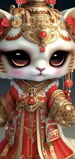 Adorable cat in ornate royal costume with red and gold accents.