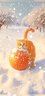 Orange cat with basketball in snowy landscape.