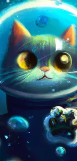 Whimsical illustration of a cat wearing a space helmet, surrounded by bubbles.