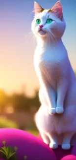 A cute white cat in a colorful garden at sunset.