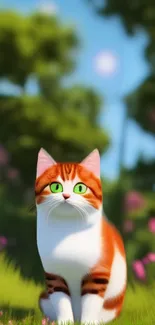 Adorable orange and white cat in a sunny green field with flowers.