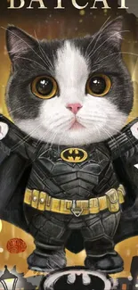 Cute cat in superhero costume resembling Batman.