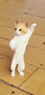 Adorable cat in a white sweater on a wooden floor.