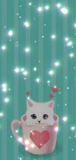 Cute white kitten in a pink heart-teacup on turquoise background with sparkles.