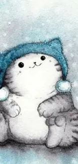 Cute cat with teal winter hat on a snowy background.