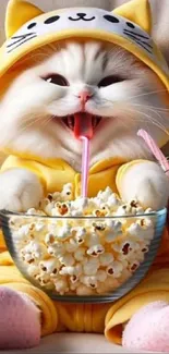 Cute white cat in yellow pajamas with popcorn and soda.