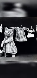 Adorable kitten in vintage attire beside laundry, in black and white style.