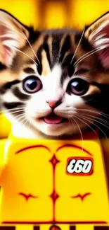 Cute cat face on Lego body in vibrant colors.