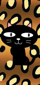 Cartoon black cat on leopard print background.