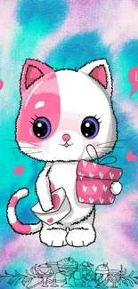 Cute illustrated cat with love theme on vibrant background.