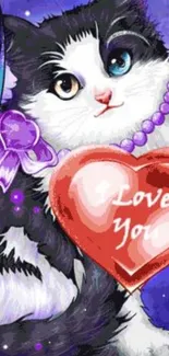 Cute cat holding a heart with 'Love You' text, vibrant purple background.