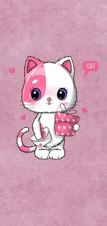 Cute cat holding a heart-patterned gift on a pink background.