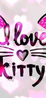 Playful "I love kitty" design with pink ears on a gray background.