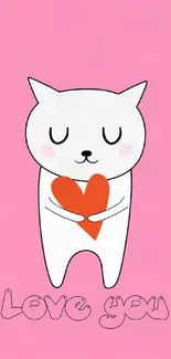 Adorable white cat holding a heart on pink background.