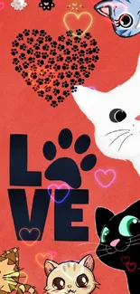 Cute cat and heart themed wallpaper with red background.