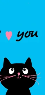 Adorable black cat with pink heart on blue background