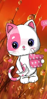 Cute cartoon cat on vibrant orange background with love theme.