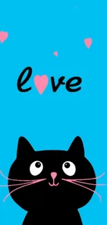 Black cat with pink hearts on a blue background with 'love' text.