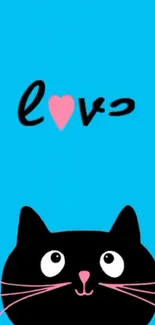 Cute black cat with love design on blue background wallpaper.