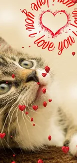 Cute cat with love heart shapes wallpaper.