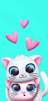 Cute cats with pink hearts on teal background.