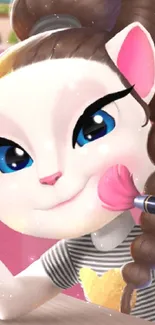 Cute cartoon cat applying makeup with vibrant colors and a playful vibe.