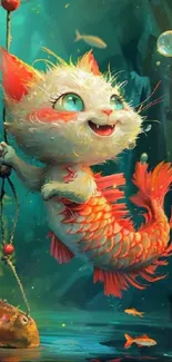 Whimsical cat-mermaid art in an underwater fantasy scene.