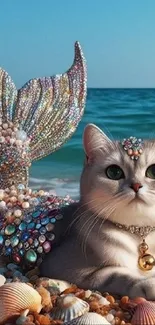 Cute cat with jeweled mermaid tail on beach.