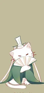 Minimalist illustration of a cat with fan on olive green background.