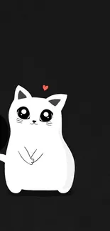 A cute cartoon cat with heart on a dark background, minimalist wallpaper.