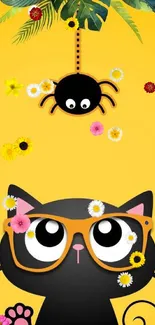 Cartoon cat with glasses and spider on yellow background.