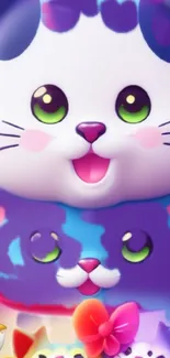 Cute and colorful cat wallpaper with a vibrant purple theme.