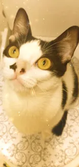 Adorable black and white cat with yellow eyes sitting on a patterned surface.