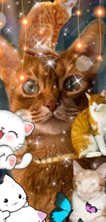 Cute cat with kittens and sparkles wallpaper.