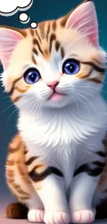 Adorable cartoon kitten with blue eyes and a thought bubble saying 'meoww'.