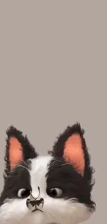 Cute cartoon cat with big eyes and pink ears on beige background.