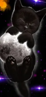 Adorable black cat hugging a moon in a cosmic night sky wallpaper.