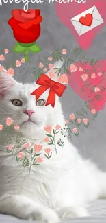 White cat with hearts and flowers for Mother's Day wallpaper.