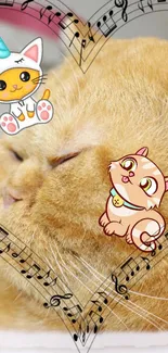 Adorable orange cat with cartoon cats and musical notes overlay.