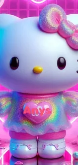 Cute cartoon cat with neon colors and glitter bow.