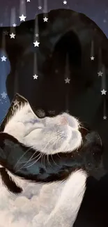 Dreamy cat embraced under a starry night sky.