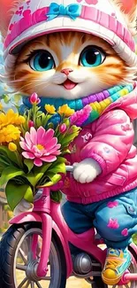 Cartoon cat riding a pink bicycle with flowers.