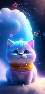 Cute cat sitting on cloud with starry night sky.