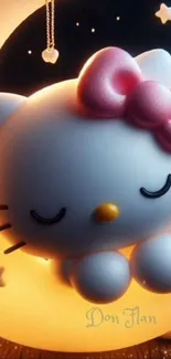 Adorable cartoon kitty sleeps on a glowing crescent moon with stars.