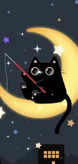 Cute black cat sitting on a crescent moon in a starry night sky.