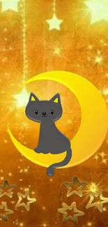 Cute black cat on crescent moon with starry background.